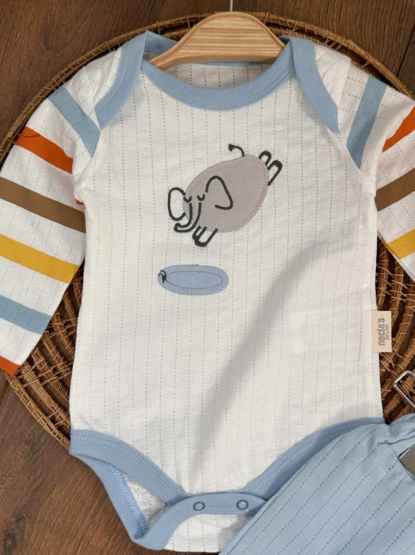 Fil Figürlü Şeritli Alttan Çıtçıtlı Badi Erkek Bebek Takım