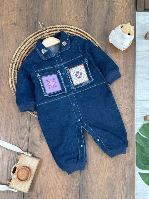 Likralı Kot Tulum Etnik Desen Yama Detaylı Çıtçıtlı Kız Bebek Kot Tulum