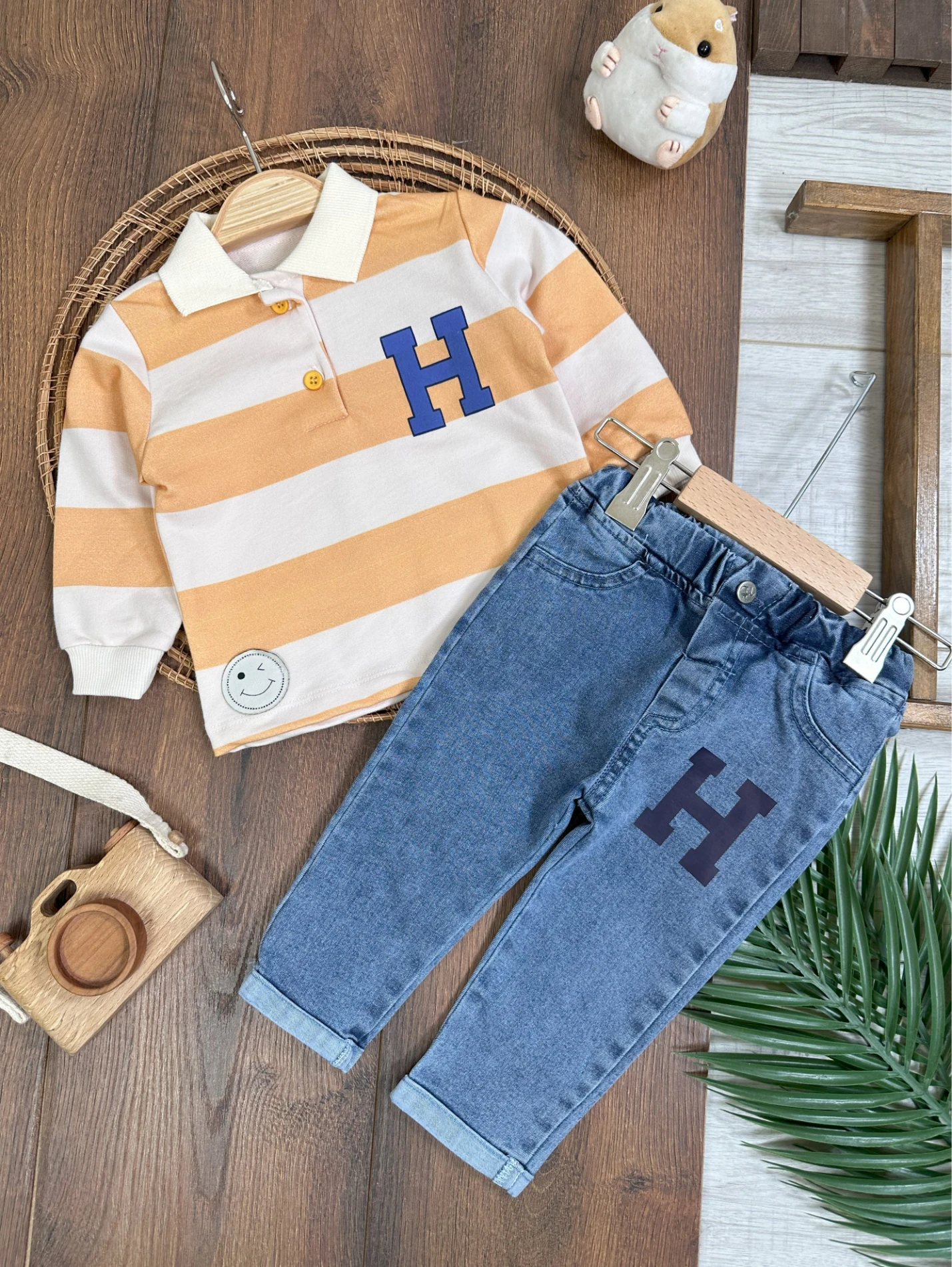 Polo Yaka Sweatshirt Likralı Kot Pantolon 2li Erkek Bebek Takımı 