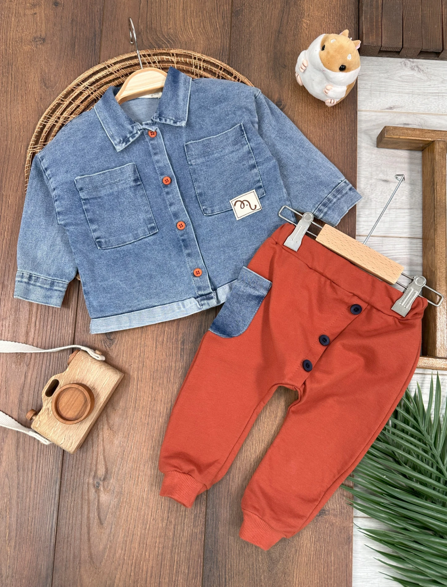 Likralı Çift Cep Kot Gömlek Düğme Detaylı Pantolon Mevsimlik Erkek Bebek Takım - KİREMİT