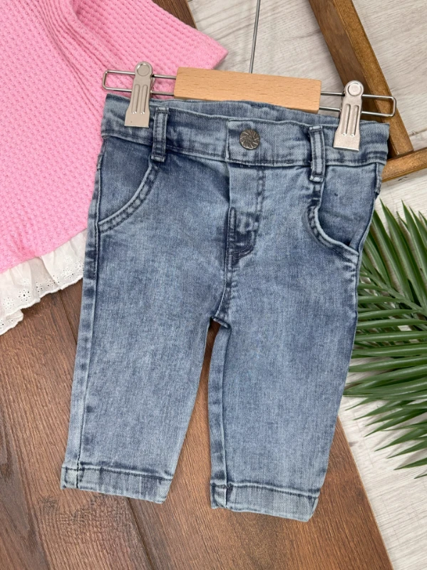  Nakışlı Bandanalı Likralı Kot Pantolon Kemer Ayarlı Kız Bebek Takım