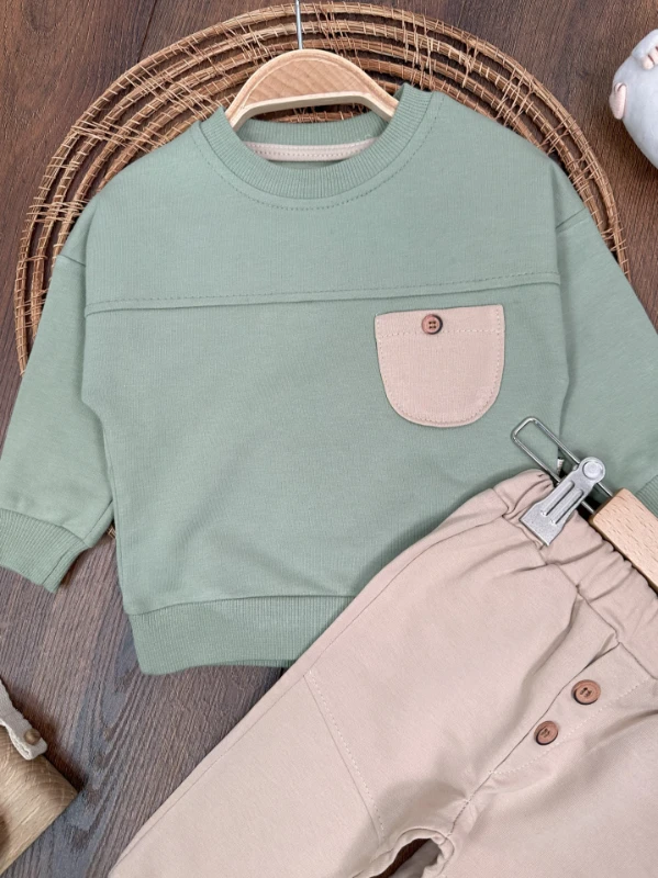 Cep ve Düğme Detaylı Mevsimlik 2li Erkek Bebek Takım