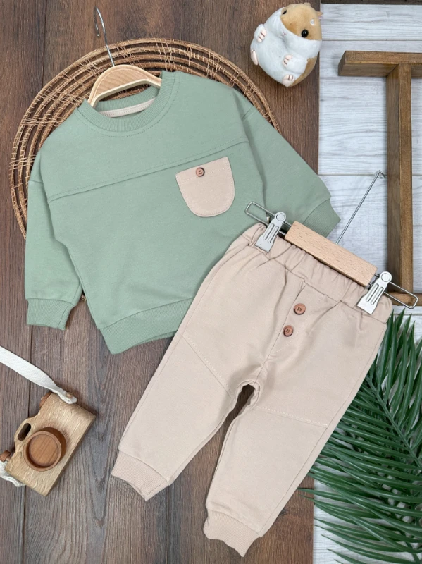 Cep ve Düğme Detaylı Mevsimlik 2li Erkek Bebek Takım