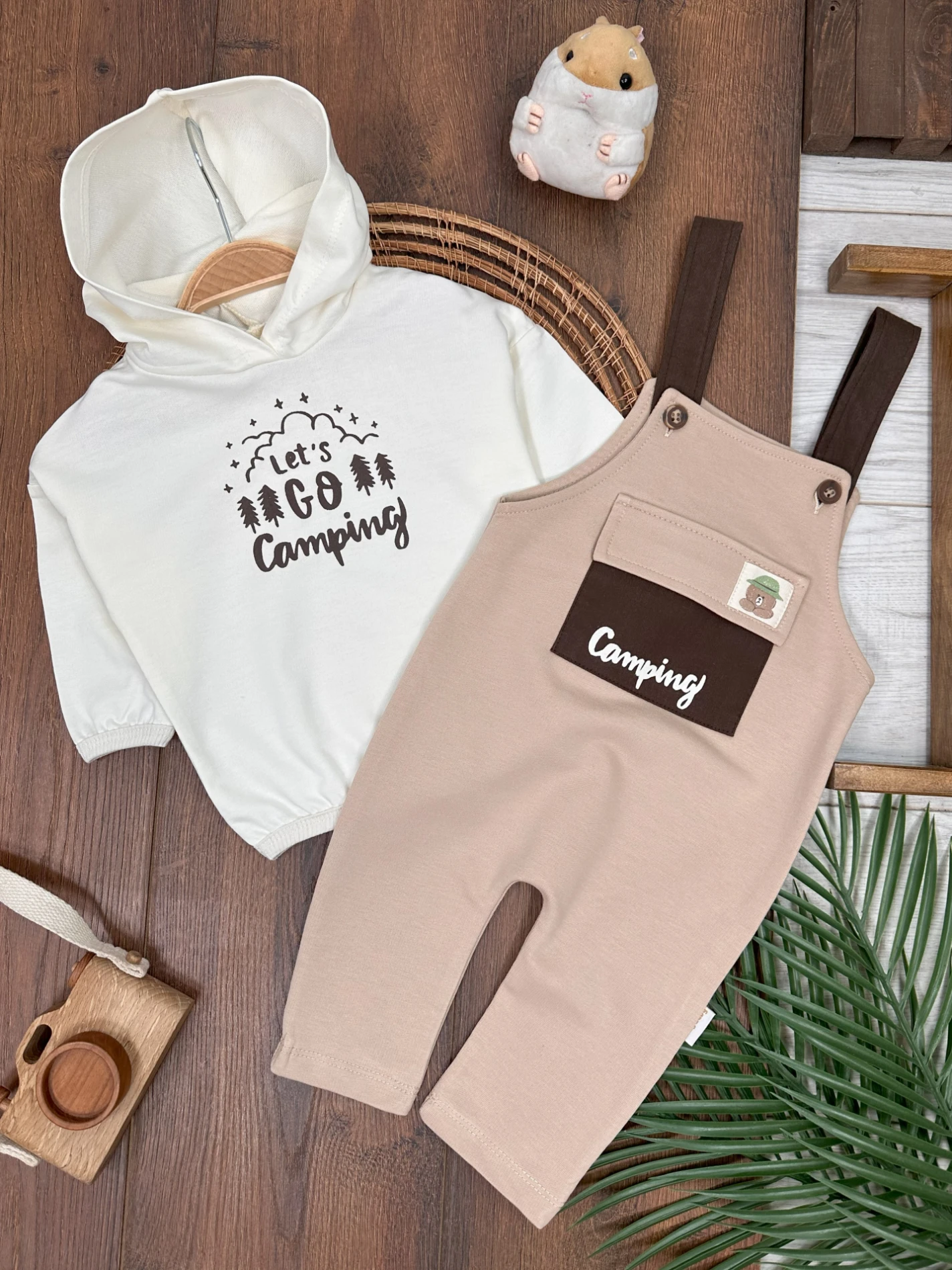 Camping Kapüşonlu Salopet Erkek Bebek Takım - SÜTLÜ KAHVE