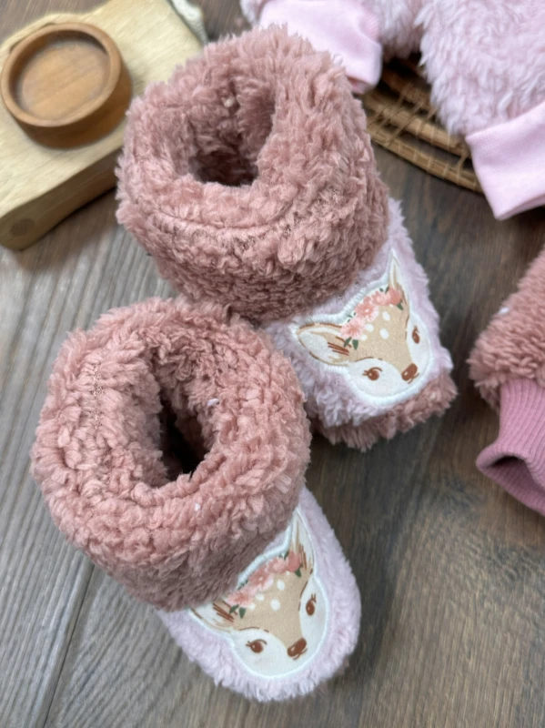 Pelüş Panduflu Geyik Figürlü Omuzdan Çıtçıtlı Kışlık Kız Bebek Takım