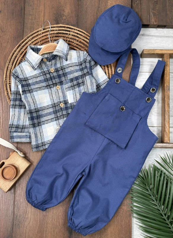 Oduncu Gömlek Şapkalı Kanguru Cepli Kanvars Salopet Erkek Bebek Takım