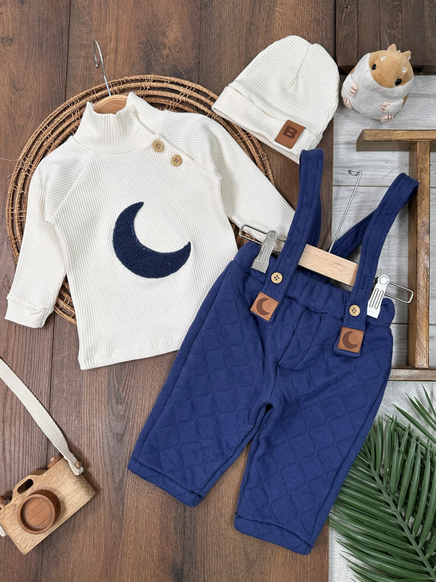 Kapitone Salopet Çam Nakışlı Bereli Balıkçı Yaka Badi Kışlık 3lü Erkek Bebek Takım - LACİVERT