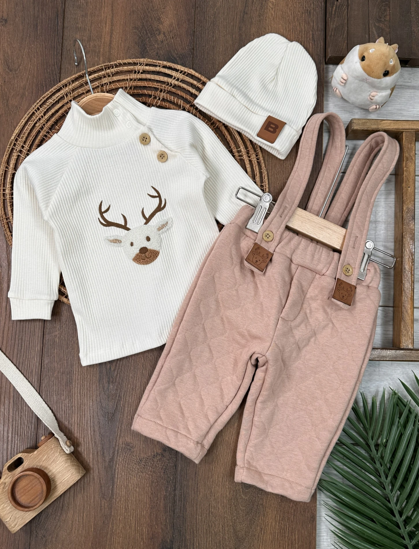 Kapitone Salopet Çam Nakışlı Bereli Balıkçı Yaka Badi Kışlık 3lü Erkek Bebek Takım