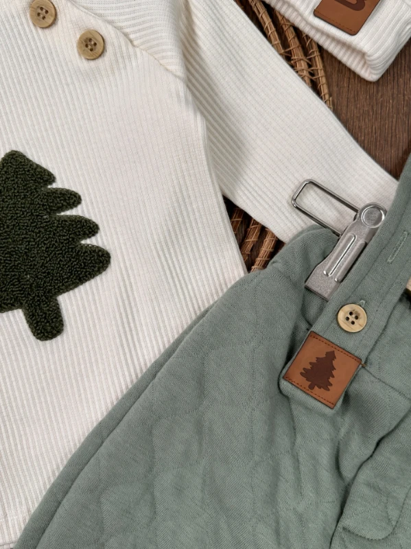 Kapitone Salopet Çam Nakışlı Bereli Balıkçı Yaka Badi Kışlık 3lü Erkek Bebek Takım