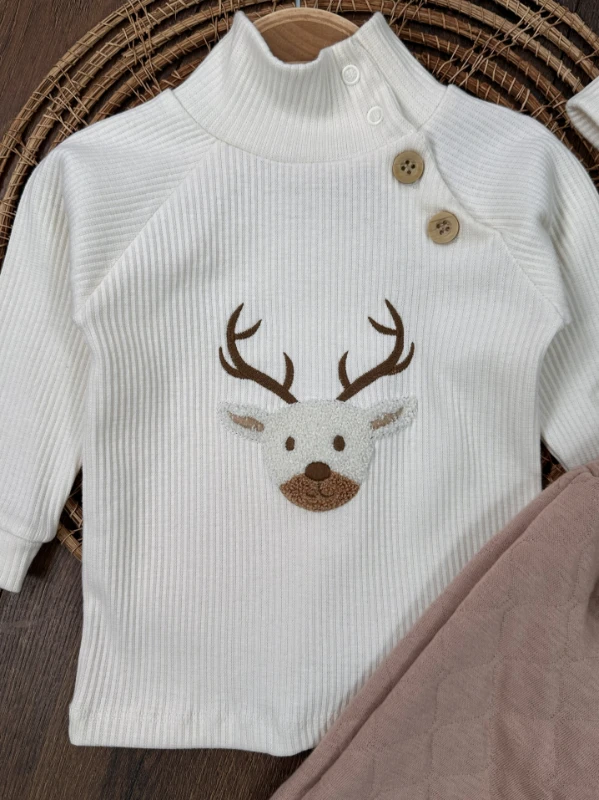 Kapitone Salopet Çam Nakışlı Bereli Balıkçı Yaka Badi Kışlık 3lü Erkek Bebek Takım