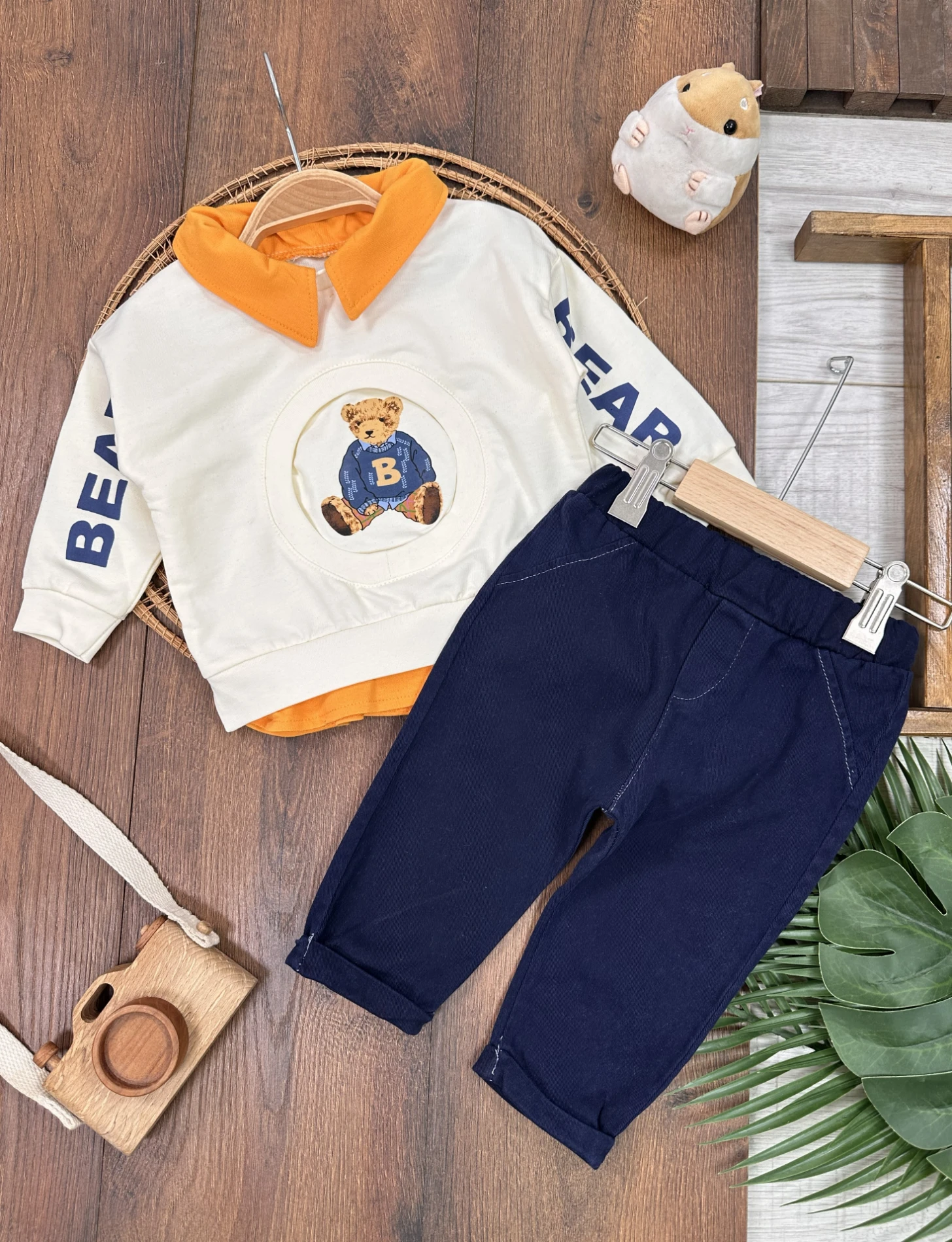 Polo Yaka Ayıcık Baskılı Likralı Kot Pantolon Erkek Bebek Takım