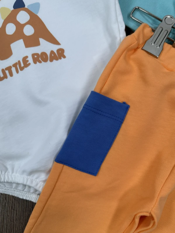 Renkli Kol Dinozor Figürlü Şapka Alttan Çıtçıtlı Mevsimlik Erkek Bebek Takım