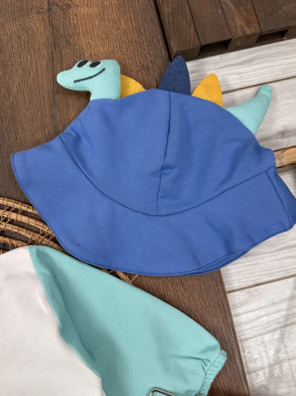 Renkli Kol Dinozor Figürlü Şapka Alttan Çıtçıtlı Mevsimlik Erkek Bebek Takım