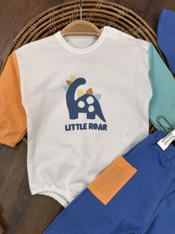 Renkli Kol Dinozor Figürlü Şapka Alttan Çıtçıtlı Mevsimlik Erkek Bebek Takım