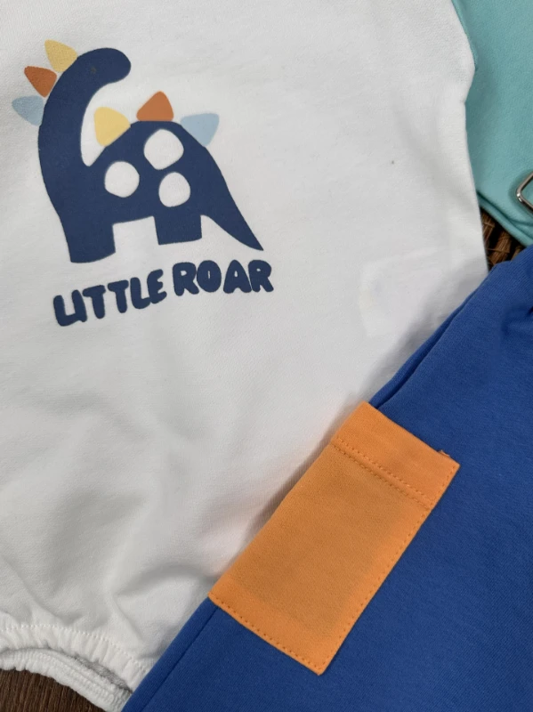 Renkli Kol Dinozor Figürlü Şapka Alttan Çıtçıtlı Mevsimlik Erkek Bebek Takım