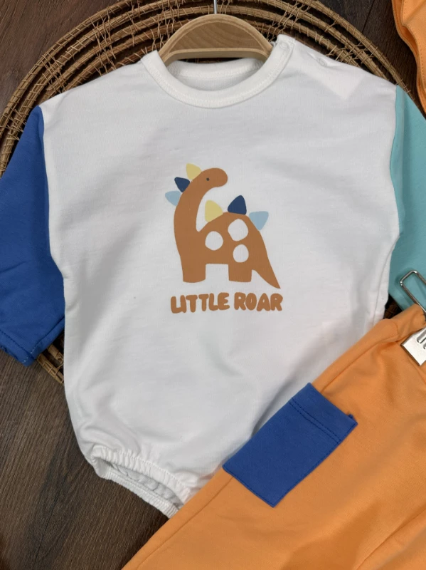 Renkli Kol Dinozor Figürlü Şapka Alttan Çıtçıtlı Mevsimlik Erkek Bebek Takım