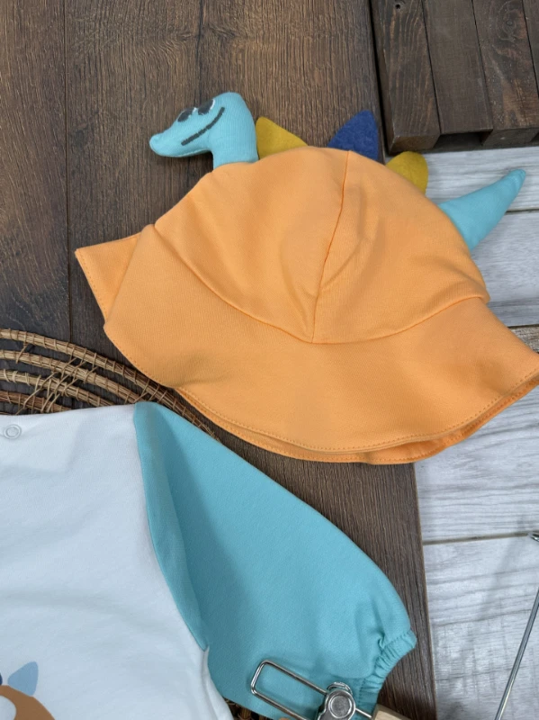 Renkli Kol Dinozor Figürlü Şapka Alttan Çıtçıtlı Mevsimlik Erkek Bebek Takım