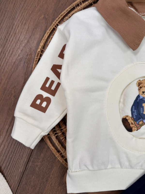 Polo Yaka Ayıcık Baskılı Likralı Kot Pantolon Erkek Bebek Takım