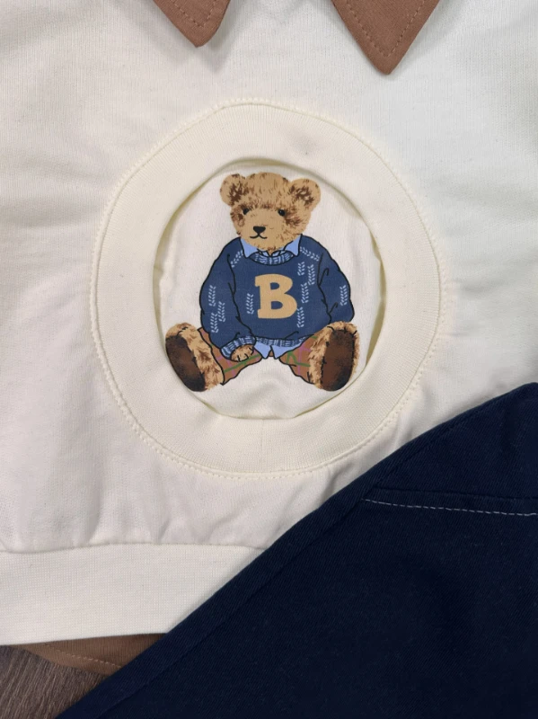 Polo Yaka Ayıcık Baskılı Likralı Kot Pantolon Erkek Bebek Takım