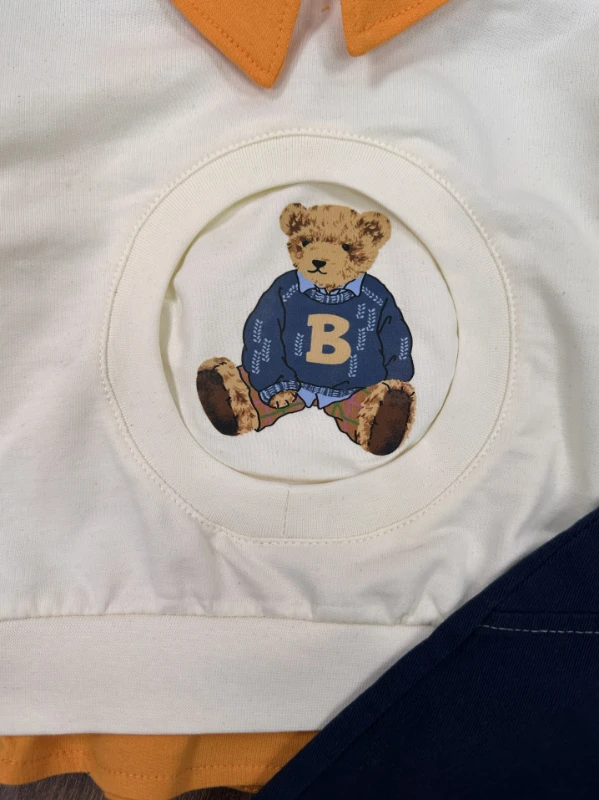 Polo Yaka Ayıcık Baskılı Likralı Kot Pantolon Erkek Bebek Takım