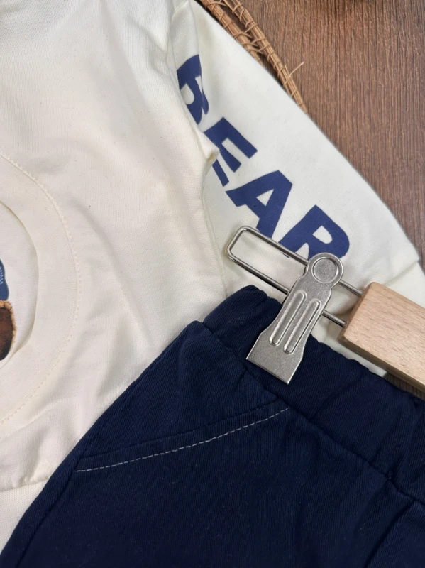 Polo Yaka Ayıcık Baskılı Likralı Kot Pantolon Erkek Bebek Takım