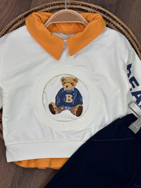 Polo Yaka Ayıcık Baskılı Likralı Kot Pantolon Erkek Bebek Takım