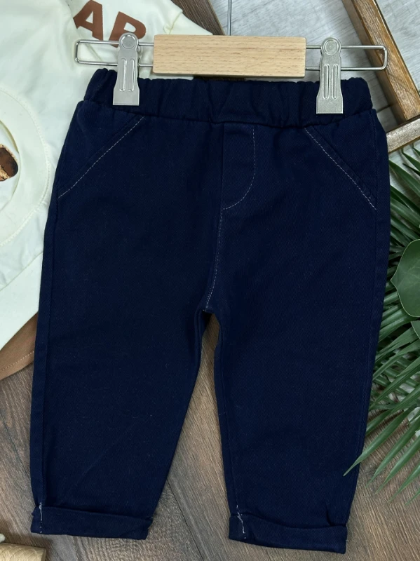 Polo Yaka Ayıcık Baskılı Likralı Kot Pantolon Erkek Bebek Takım