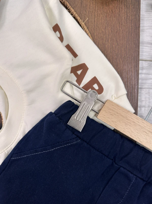 Polo Yaka Ayıcık Baskılı Likralı Kot Pantolon Erkek Bebek Takım