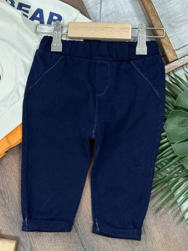 Polo Yaka Ayıcık Baskılı Likralı Kot Pantolon Erkek Bebek Takım