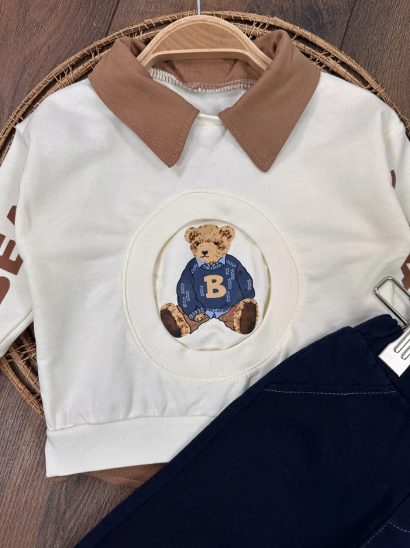 Polo Yaka Ayıcık Baskılı Likralı Kot Pantolon Erkek Bebek Takım