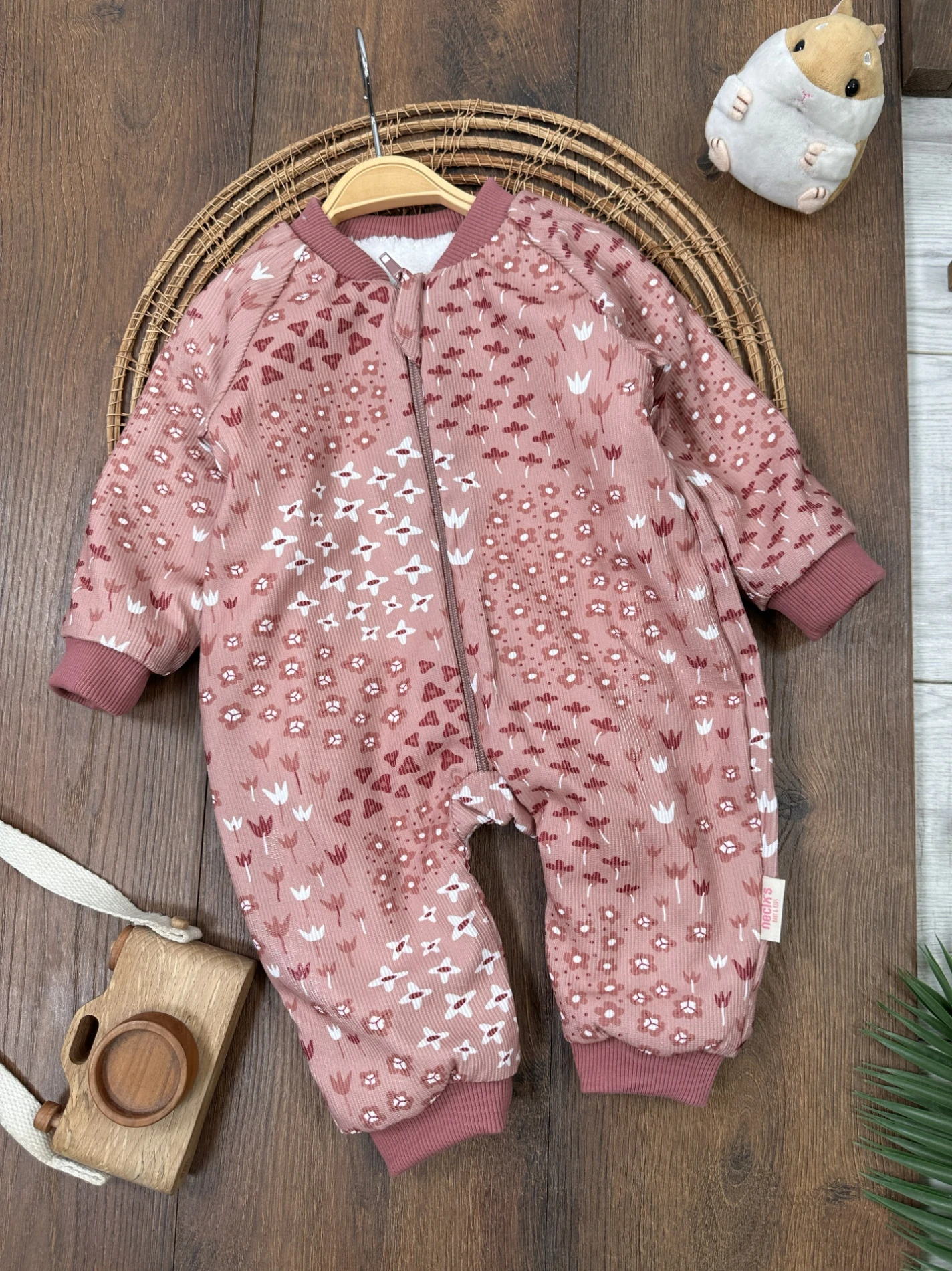 Çiçek Desenli İçi Wellsoft Kürklü Fermuarlı Kışlık Kız Bebek Tulum - GÜL KURUSU