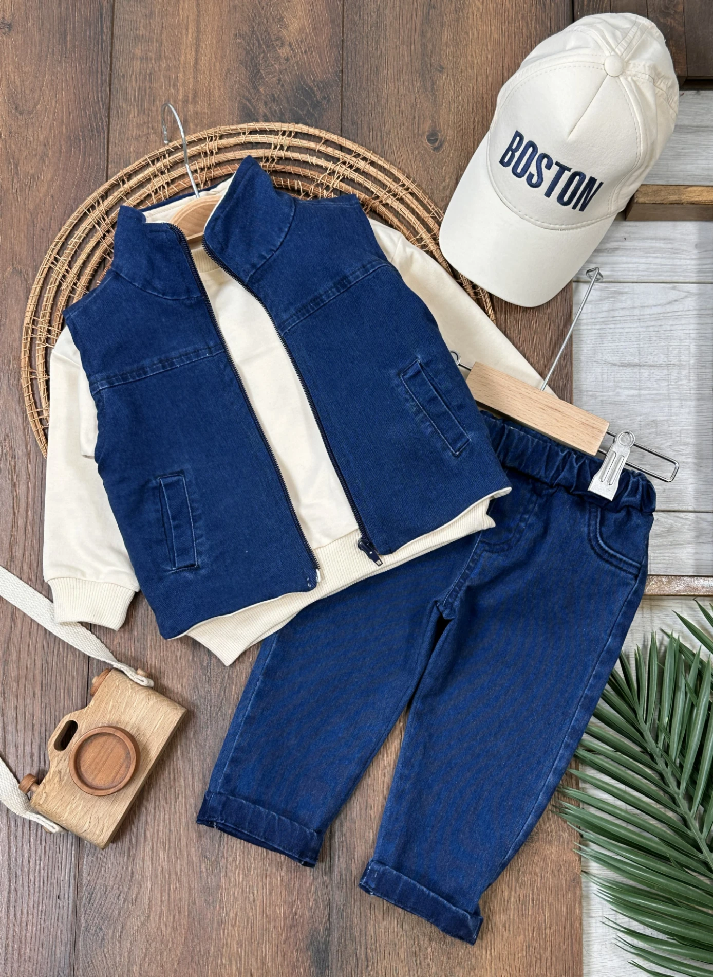 Boston Yelekli Şapkalı Oversize Sweatshirt Likralı Kot Erkek Bebek Takım