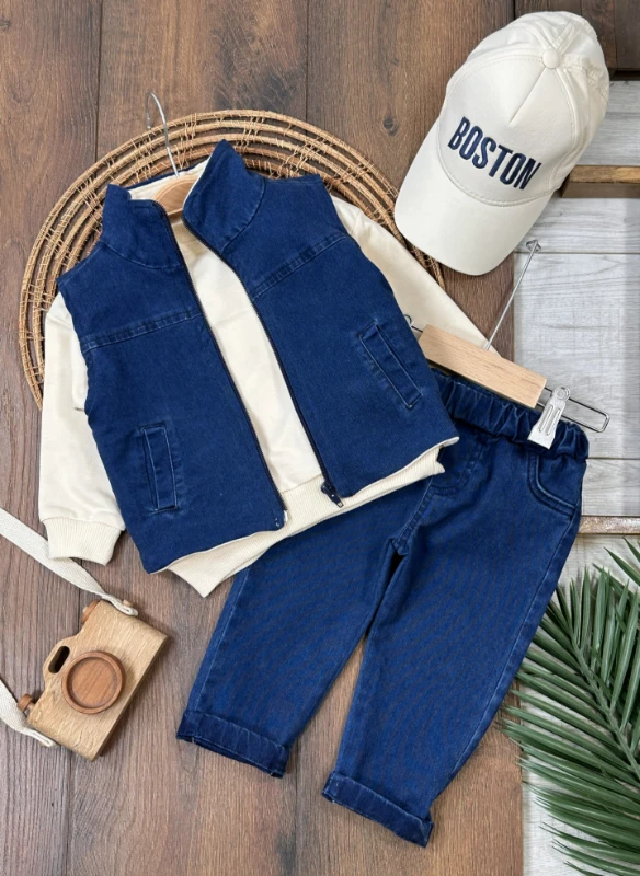 Boston Yelekli Şapkalı Oversize Sweatshirt Likralı Kot Erkek Bebek Takım