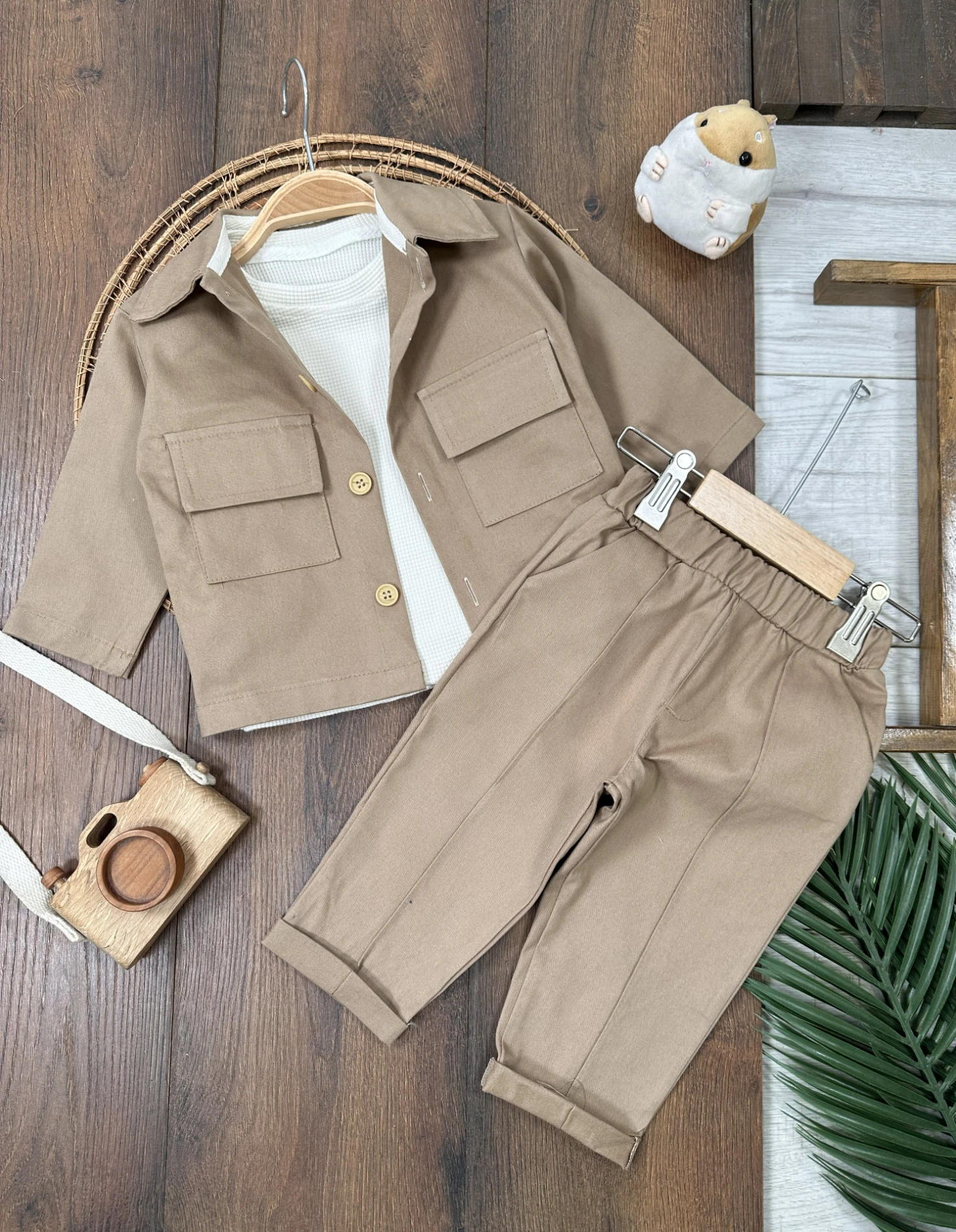 Keten Likralı Safari Model Omuzdan Çıtçıtlı Sweatshirt 3lü Erkek Bebek ve Çocuk Takım 