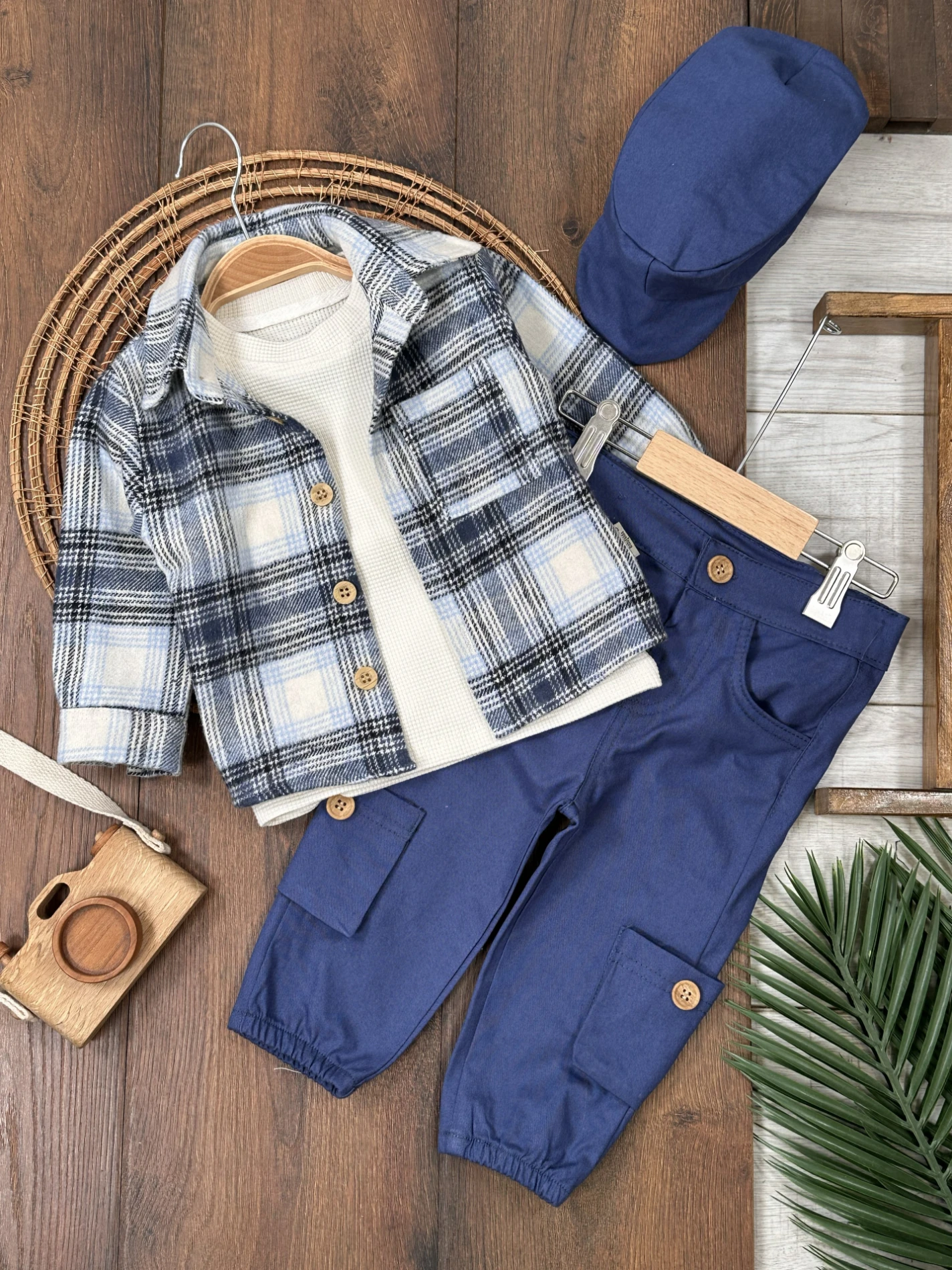 Oduncu Gömlek Şapkalı Waffle  Badili Kanvars Kargo Pantolonlu 4lü Erkek Bebek/Çocuk Takım - İNDİGO