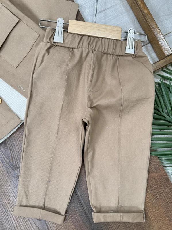 Keten Likralı Safari Model Omuzdan Çıtçıtlı Sweatshirt 3lü Erkek Bebek ve Çocuk Takım 