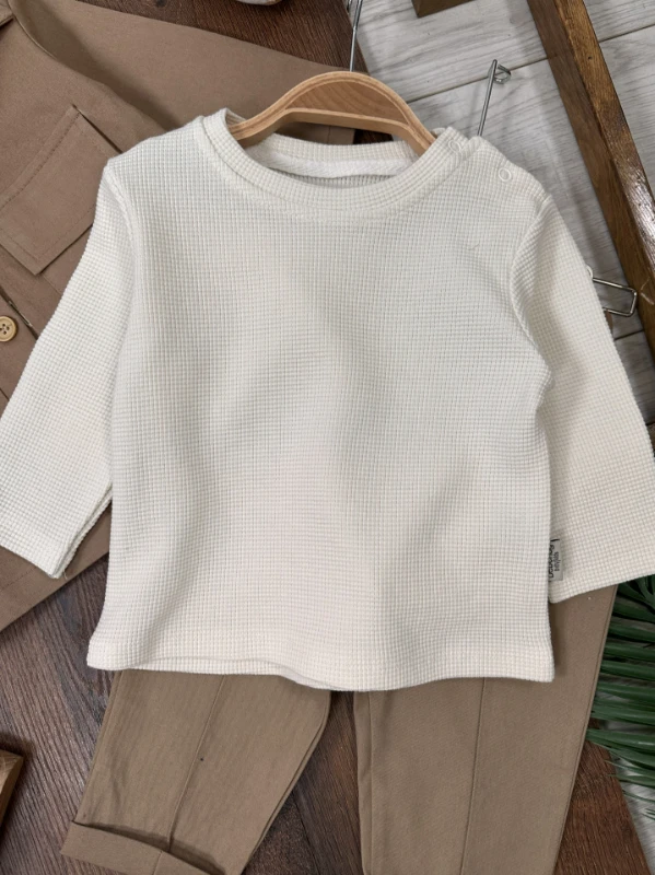 Keten Likralı Safari Model Omuzdan Çıtçıtlı Sweatshirt 3lü Erkek Bebek ve Çocuk Takım 