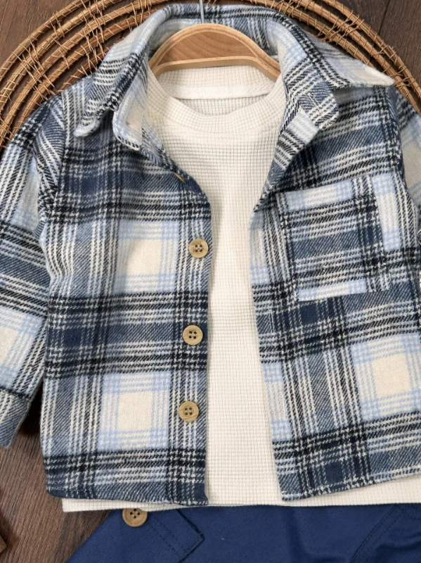 Oduncu Gömlek Şapkalı Waffle  Badili Kanvars Kargo Pantolonlu 4lü Erkek Bebek/Çocuk Takım