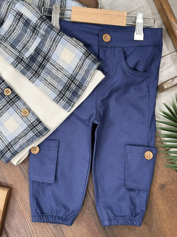 Oduncu Gömlek Şapkalı Waffle  Badili Kanvars Kargo Pantolonlu 4lü Erkek Bebek/Çocuk Takım