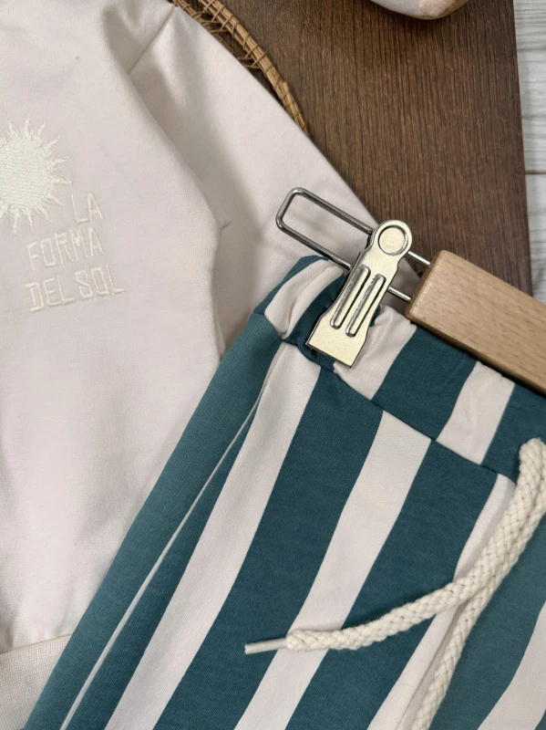 Çizgili Nakışlı Omuzdan Çıtçıtlı 2li Erkek Bebek/Çocuk Takım