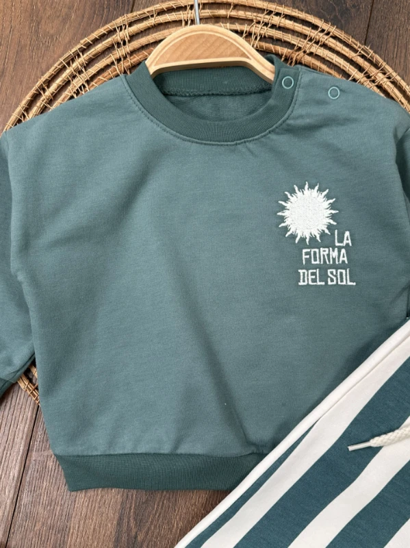 Çizgili Nakışlı Omuzdan Çıtçıtlı 2li Erkek Bebek/Çocuk Takım