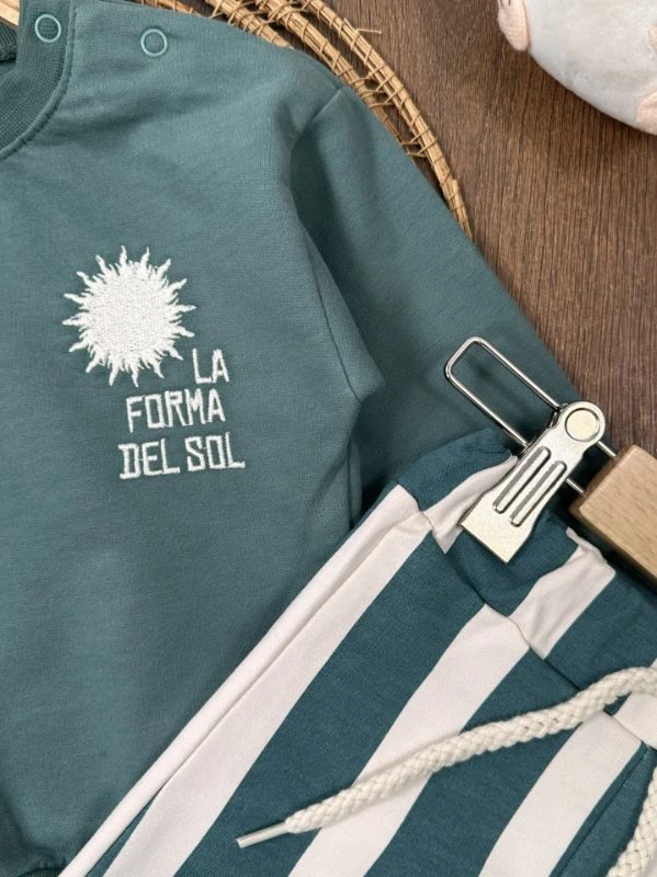 Çizgili Nakışlı Omuzdan Çıtçıtlı 2li Erkek Bebek/Çocuk Takım