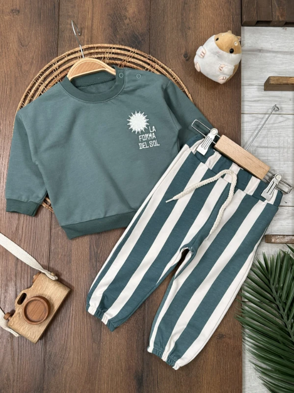 Çizgili Nakışlı Omuzdan Çıtçıtlı 2li Erkek Bebek/Çocuk Takım