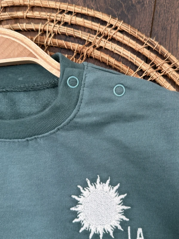 Çizgili Nakışlı Omuzdan Çıtçıtlı 2li Erkek Bebek/Çocuk Takım