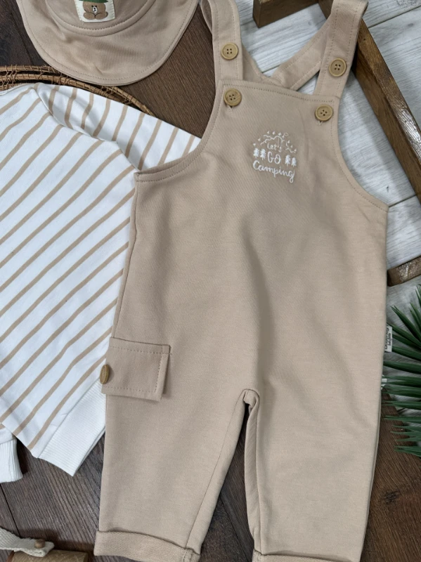 Safari Şapkalı Nakışlı Şeritli Sweatshirt Salopet Erkek Bebek Takım