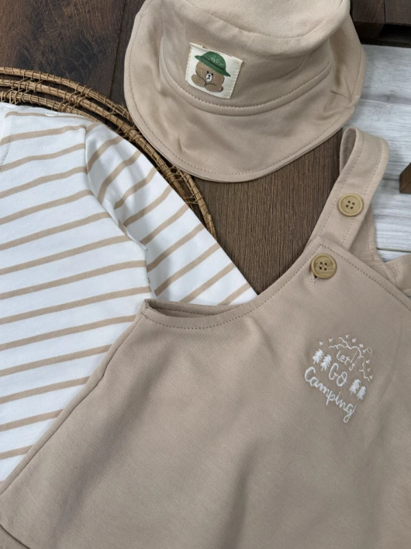 Safari Şapkalı Nakışlı Şeritli Sweatshirt Salopet Erkek Bebek Takım
