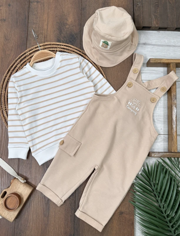 Safari Şapkalı Nakışlı Şeritli Sweatshirt Salopet Erkek Bebek Takım