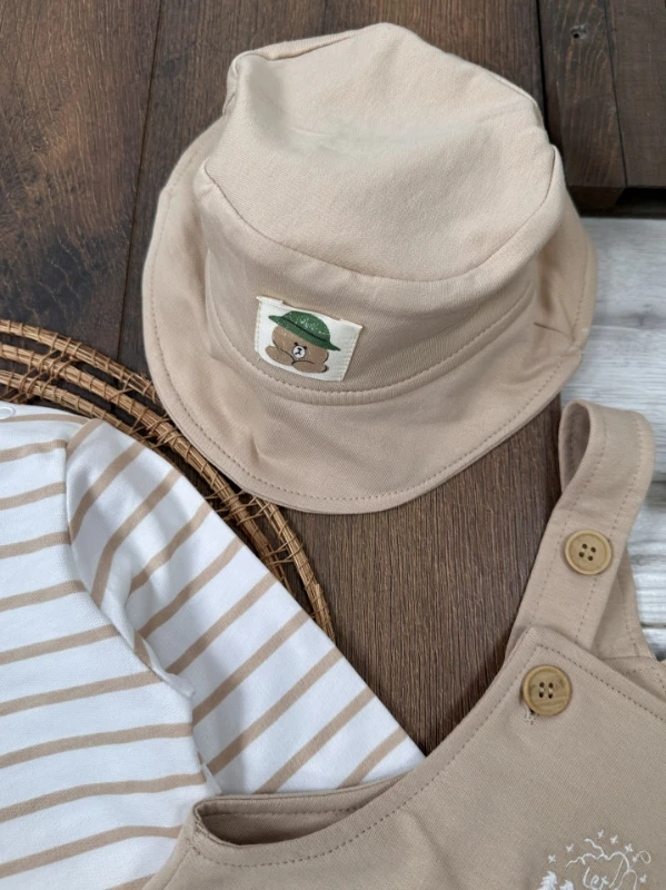 Safari Şapkalı Nakışlı Şeritli Sweatshirt Salopet Erkek Bebek Takım