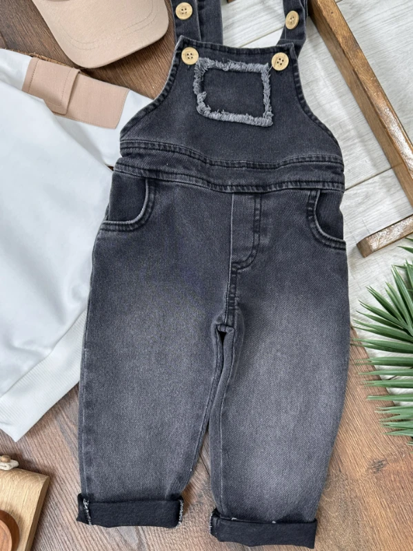 Salopet Şapkalı Cep Detaylı Likralı Kot Salopet Erkek Bebek Takım