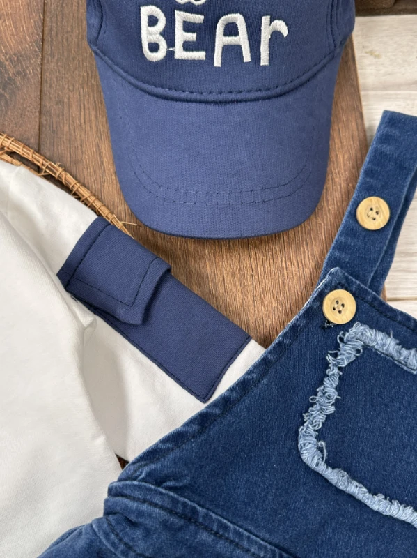 Salopet Şapkalı Cep Detaylı Likralı Kot Salopet Erkek Bebek Takım